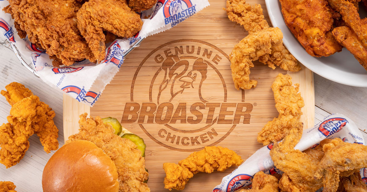 Broaster chicken with Genuine Broaster Chicken logo on carving board