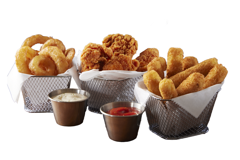 Baskets of Broaster onion rings, popcorn chicken and mozzarella sticks with two dipping sauces