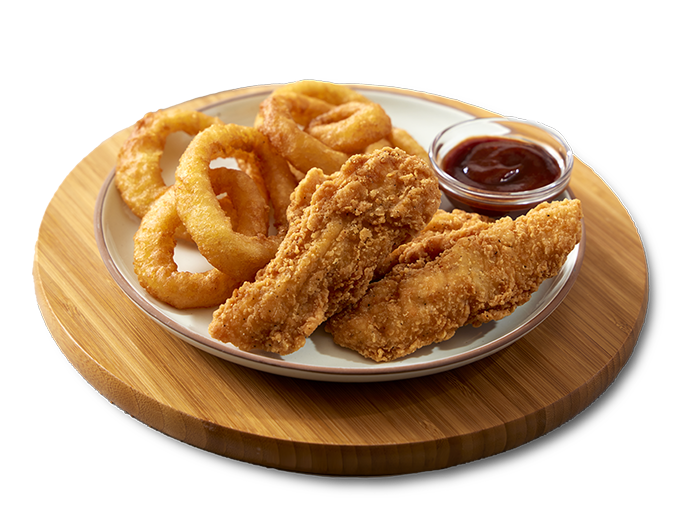 Broaster Chicken on a plate with onion rings and BBQ sauce