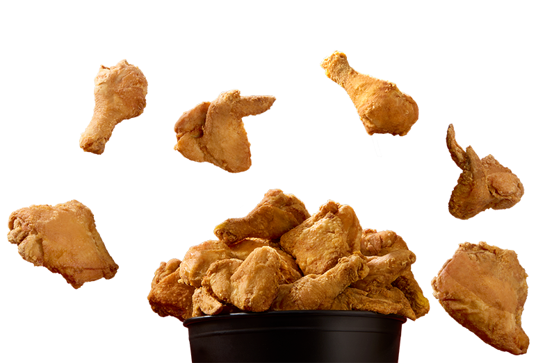 Genuine Broaster Chicken bucket of chicken with chicken floating around it