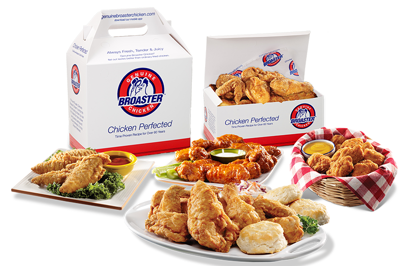 Assortment of Broaster plated food, chicken tenders, popcorn chicken, boneless wings, chicken wings