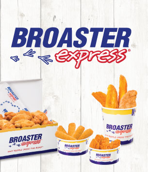 Broaster Express Logo with chicken tenders, mozzarella sticks, popcorn chicken and potato wedges
