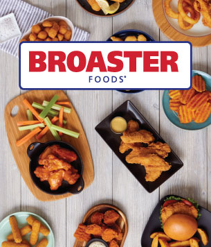 Broaster Foods logo with several frozen food options