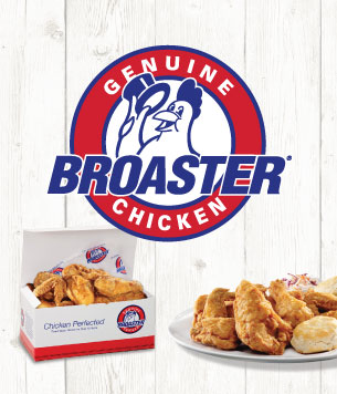 Genuine Broaster Chicken logo with fried chicken on a to go box and on a plate