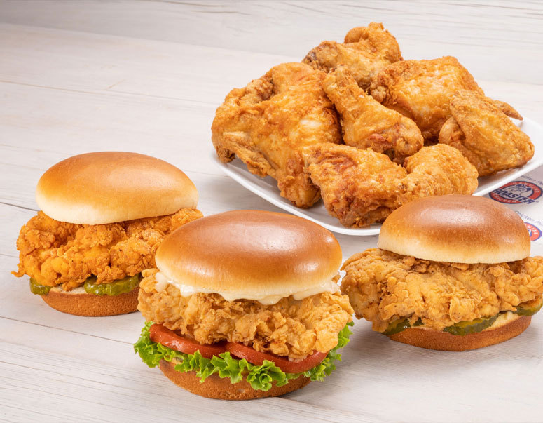 Broaster chicken options, sandwiches, bone-in dinner options